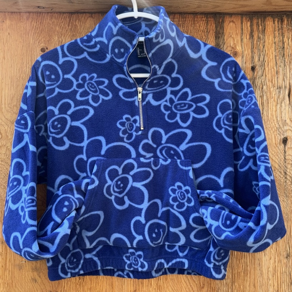 Forever 21 Cropped Half-Zip Floral š Smiley Face Pullover, Size Small - Picture 3 of 15